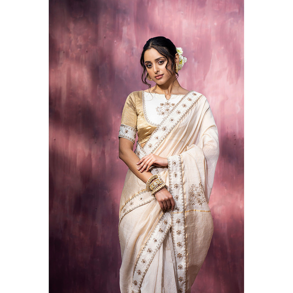 WeaverStory Off White Handloom Chanderi Saree with Gota Patti and Hand Embroidery