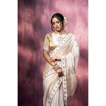 WeaverStory Off White Handloom Chanderi Saree with Gota Patti and Hand Embroidery