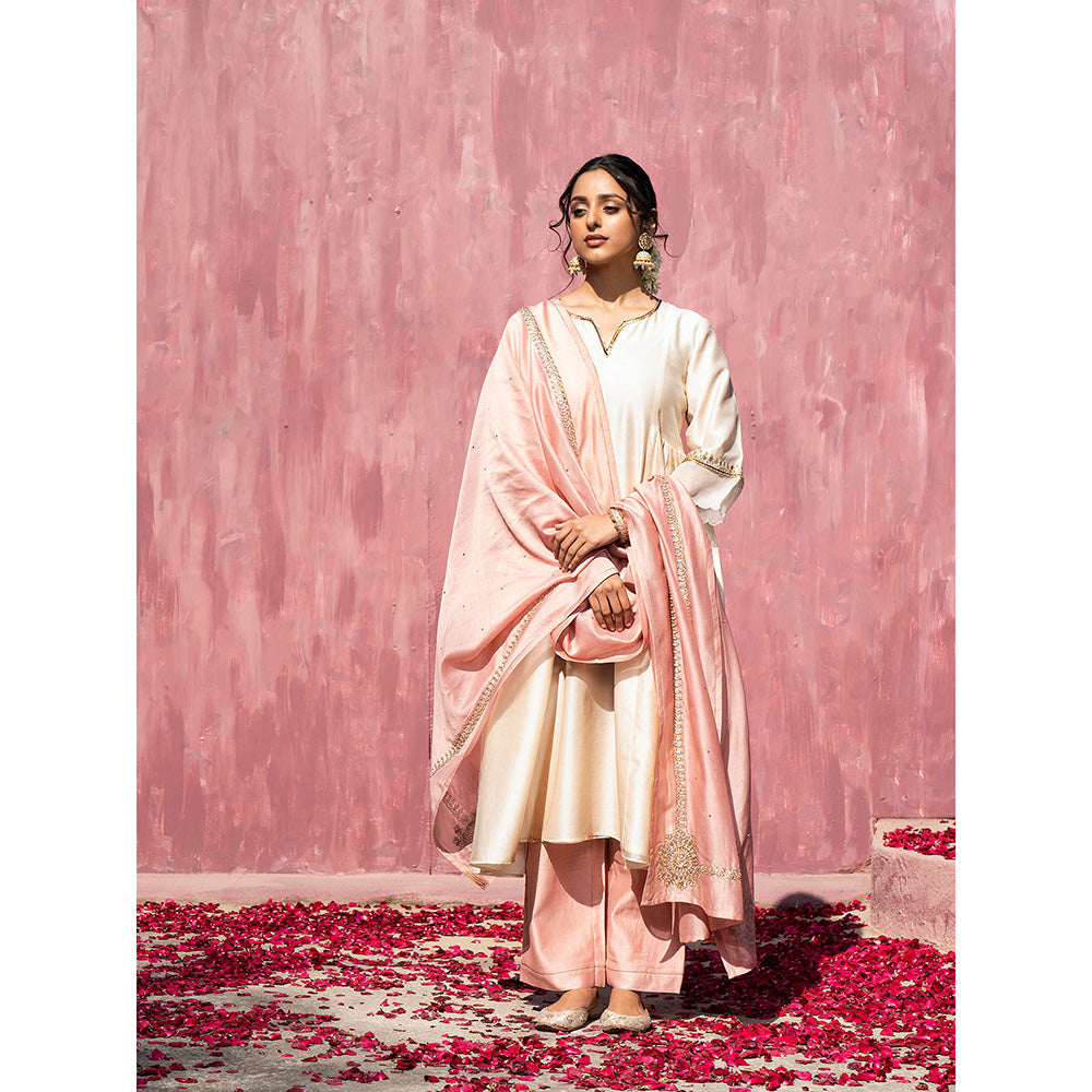 WeaverStory Handloom Pink Chanderi Silk Gota Patti Scalloped Suit with Dupatta (Set of 3)