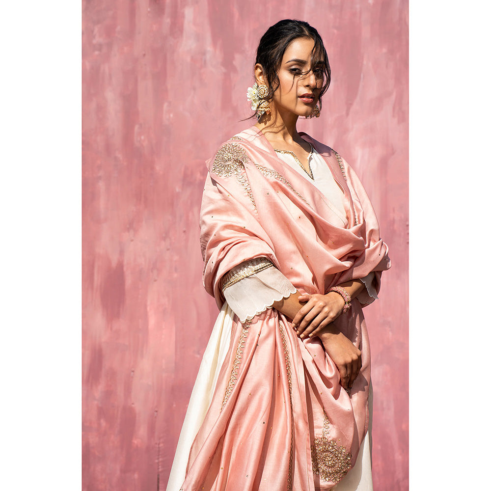 WeaverStory Handloom Pink Chanderi Silk Gota Patti Scalloped Suit with Dupatta (Set of 3)