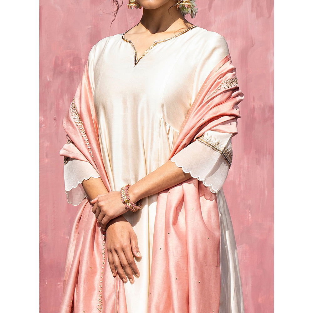 WeaverStory Handloom Pink Chanderi Silk Gota Patti Scalloped Suit with Dupatta (Set of 3)