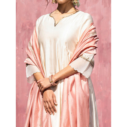 WeaverStory Handloom Pink Chanderi Silk Gota Patti Scalloped Suit with Dupatta (Set of 3)