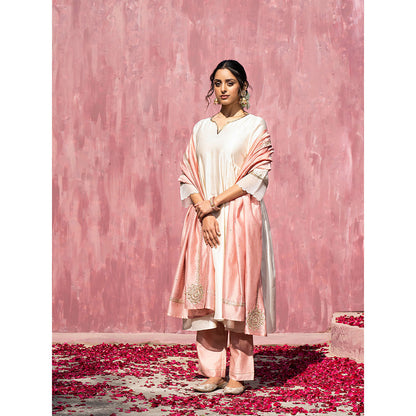 WeaverStory Handloom Pink Chanderi Silk Gota Patti Scalloped Suit with Dupatta (Set of 3)