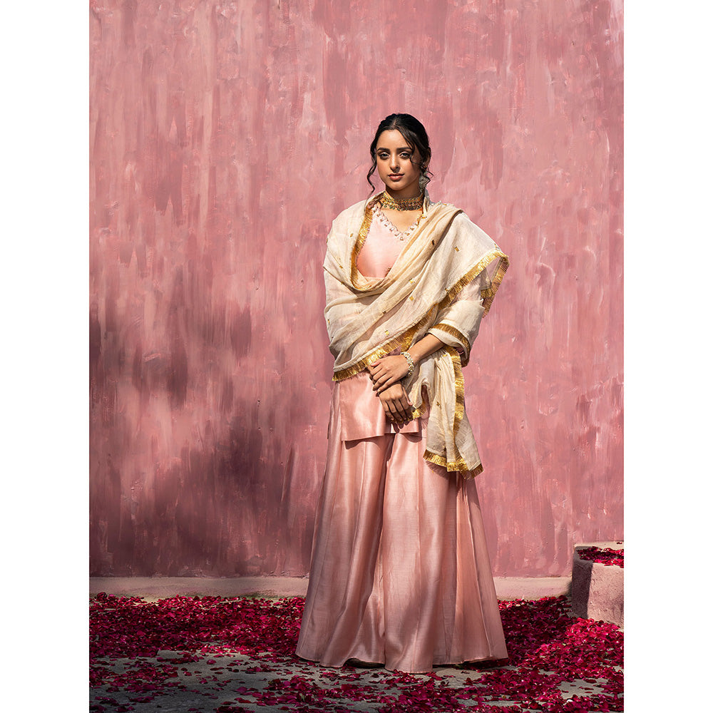 WeaverStory Handloom Pink Chanderi Silk Gota Patti Scalloped Sharara with Dupatta (Set of 3)