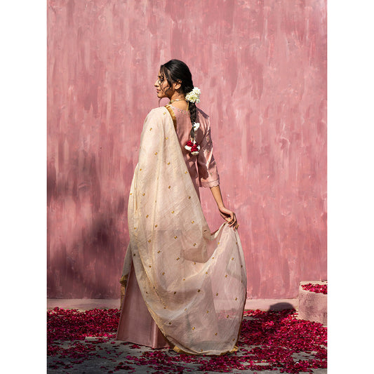 WeaverStory Handloom Pink Chanderi Silk Gota Patti Scalloped Sharara with Dupatta (Set of 3)