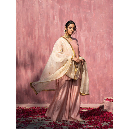WeaverStory Handloom Pink Chanderi Silk Gota Patti Scalloped Sharara with Dupatta (Set of 3)
