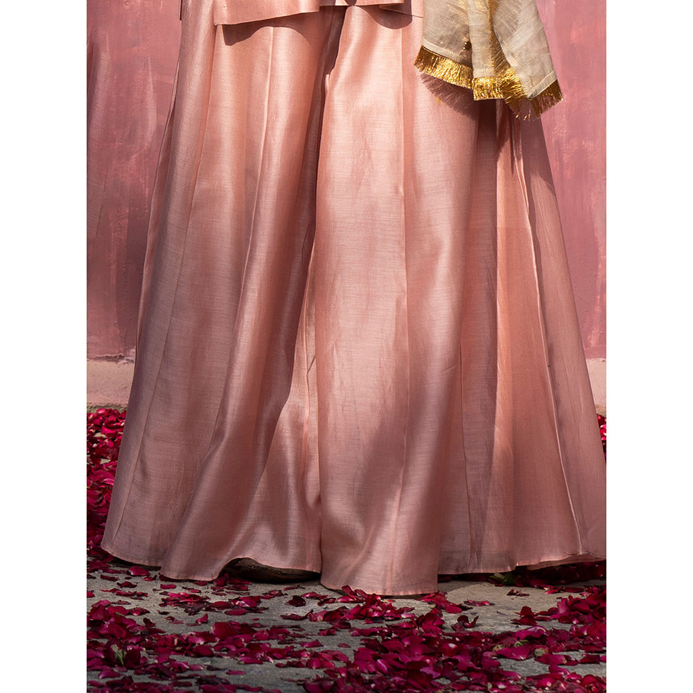 WeaverStory Handloom Pink Chanderi Silk Gota Patti Scalloped Sharara with Dupatta (Set of 3)