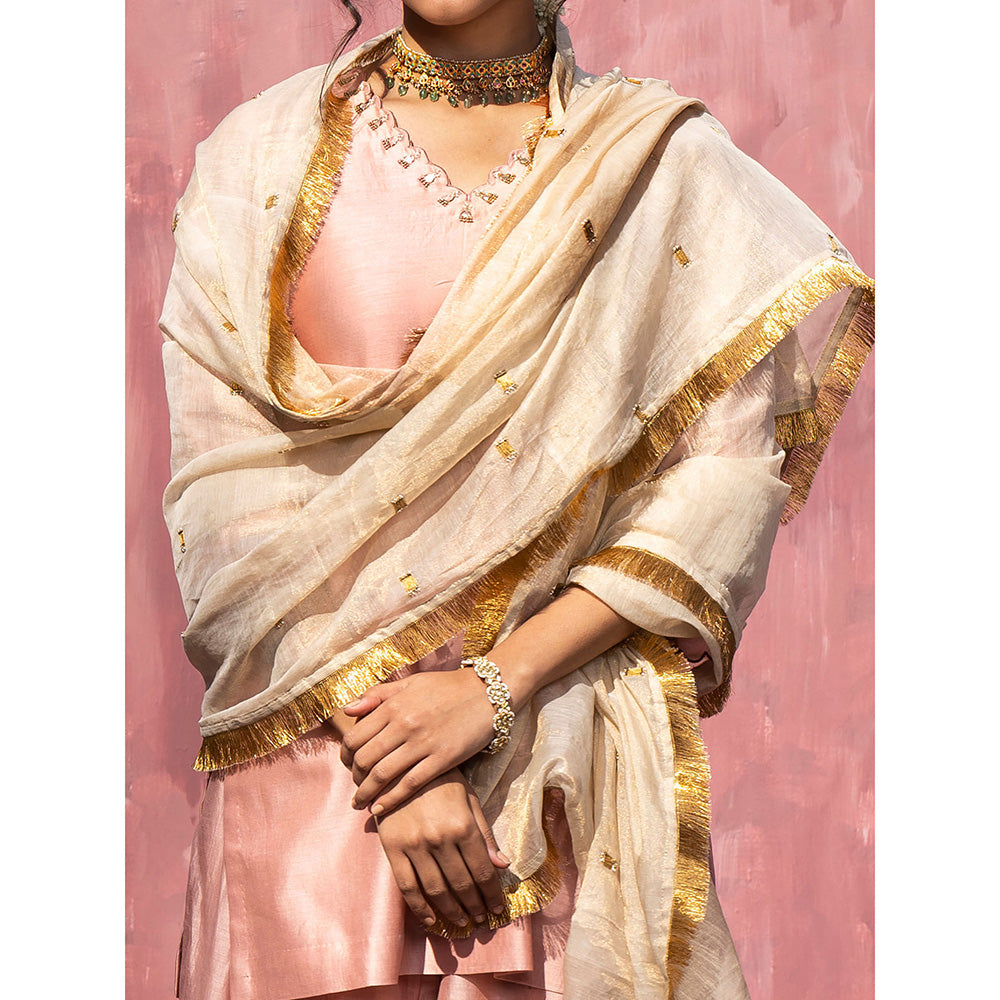 WeaverStory Handloom Pink Chanderi Silk Gota Patti Scalloped Sharara with Dupatta (Set of 3)