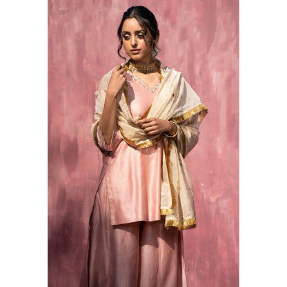 WeaverStory Handloom Pink Chanderi Silk Gota Patti Scalloped Sharara with Dupatta (Set of 3)