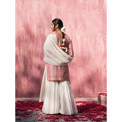 WeaverStory Off White Chanderi Silk Hand Embroidered Sharara with Dupatta (Set of 3)