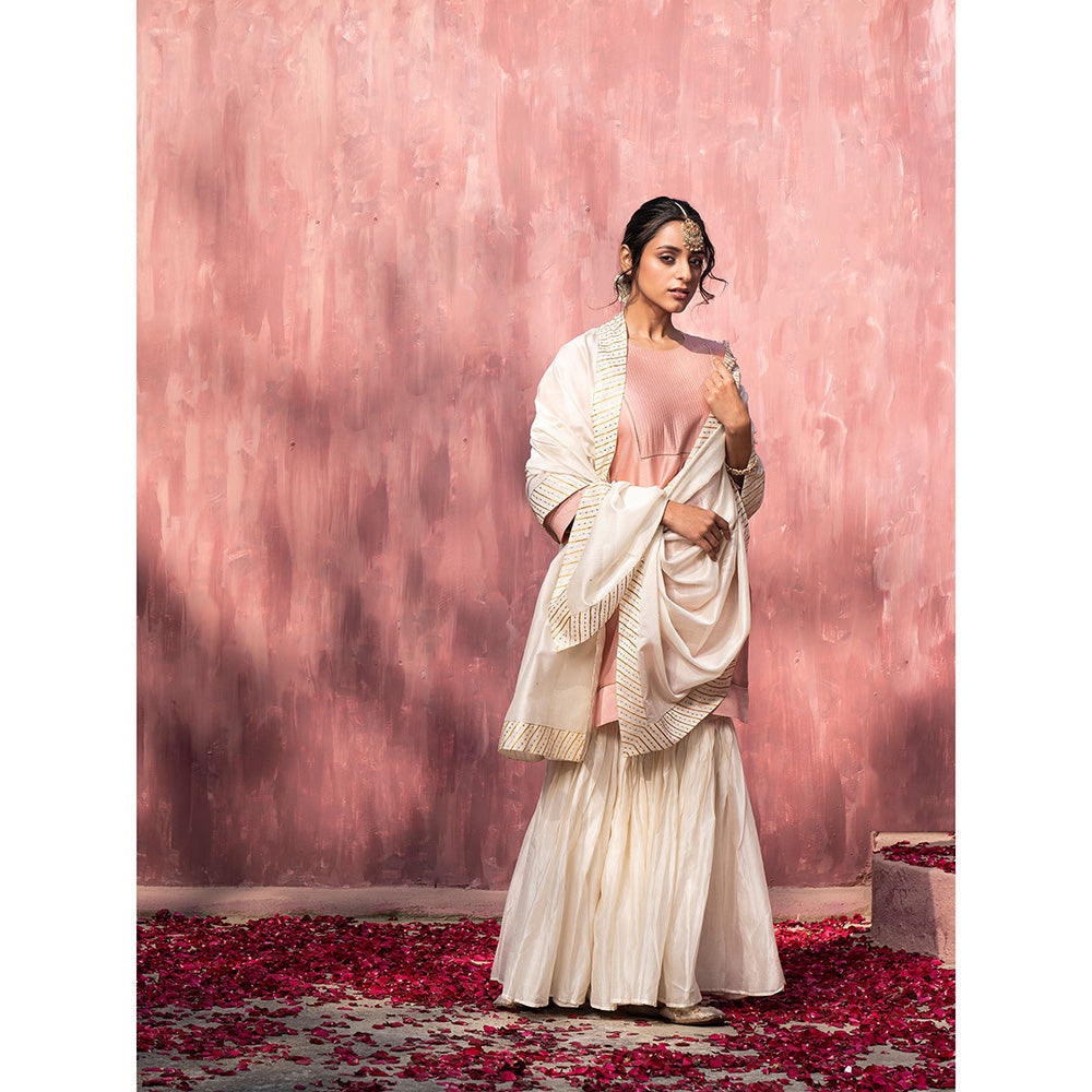 WeaverStory Off White Chanderi Silk Hand Embroidered Sharara with Dupatta (Set of 3)