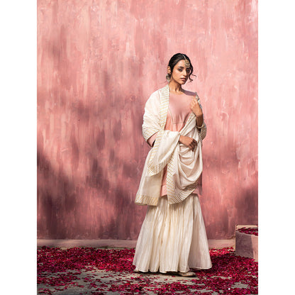 WeaverStory Off White Chanderi Silk Hand Embroidered Sharara with Dupatta (Set of 3)