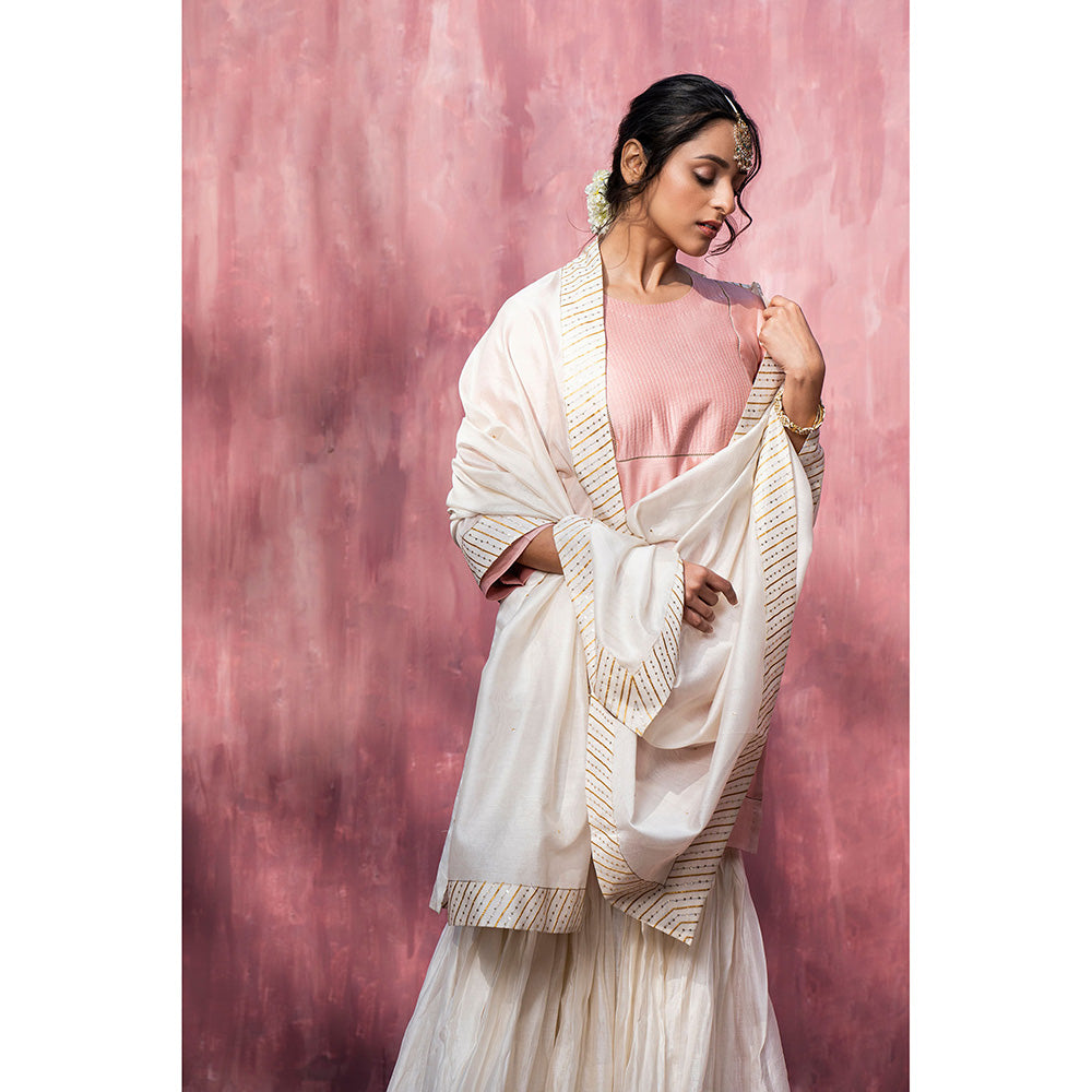 WeaverStory Off White Chanderi Silk Hand Embroidered Sharara with Dupatta (Set of 3)