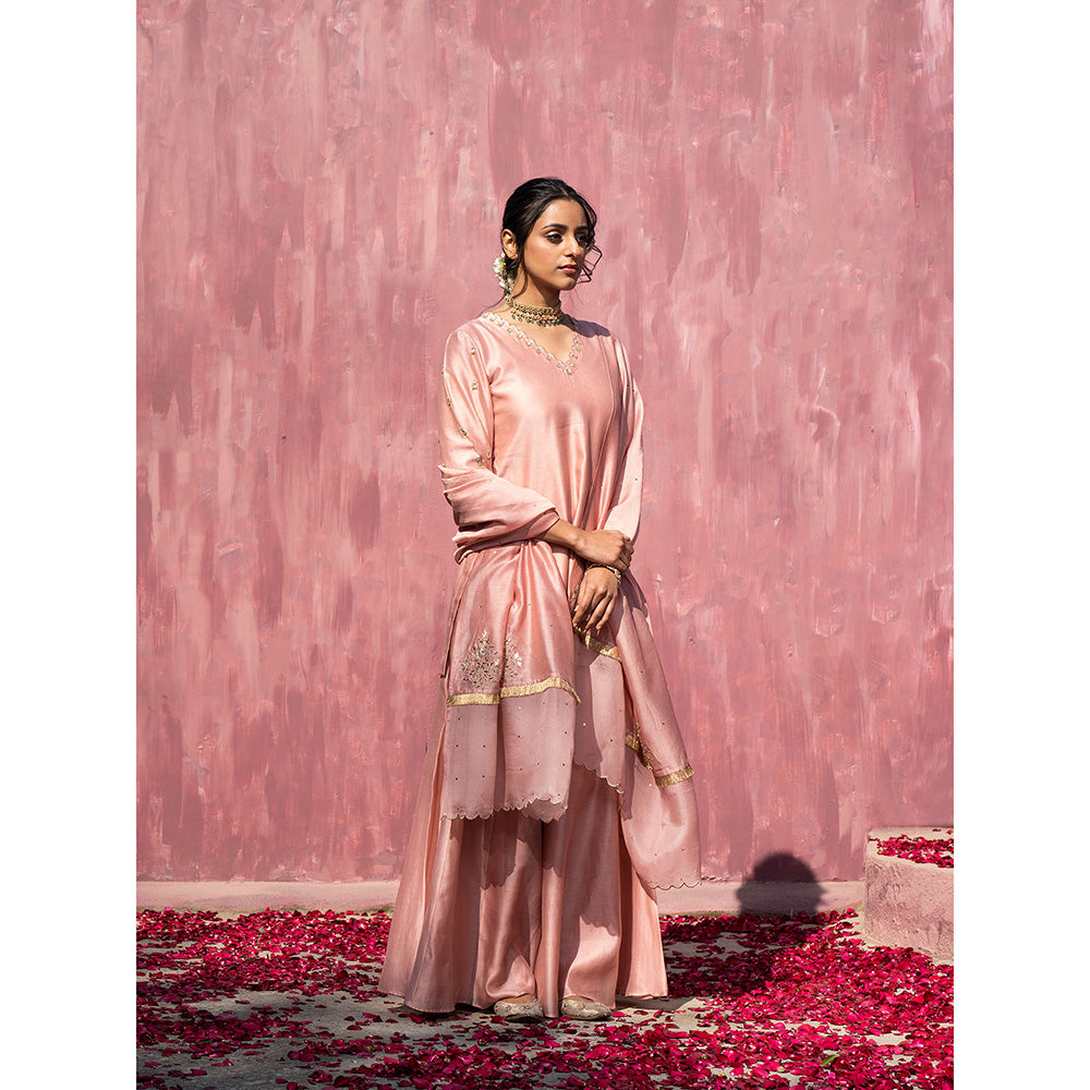 WeaverStory Pink Handloom Chanderi Silk Gota Patti Scalloped Sharara with Dupatta (Set of 3)