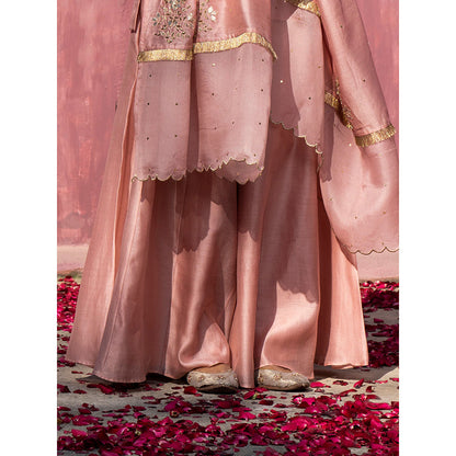 WeaverStory Pink Handloom Chanderi Silk Gota Patti Scalloped Sharara with Dupatta (Set of 3)