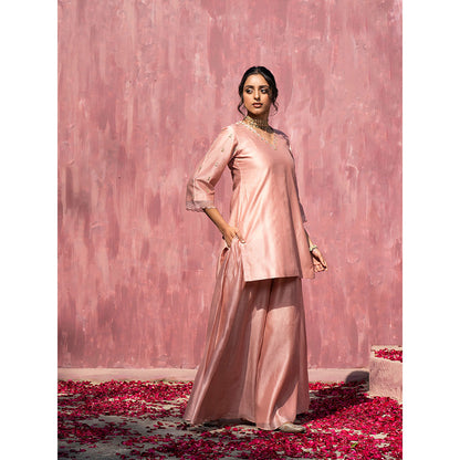 WeaverStory Pink Handloom Chanderi Silk Gota Patti Scalloped Sharara with Dupatta (Set of 3)