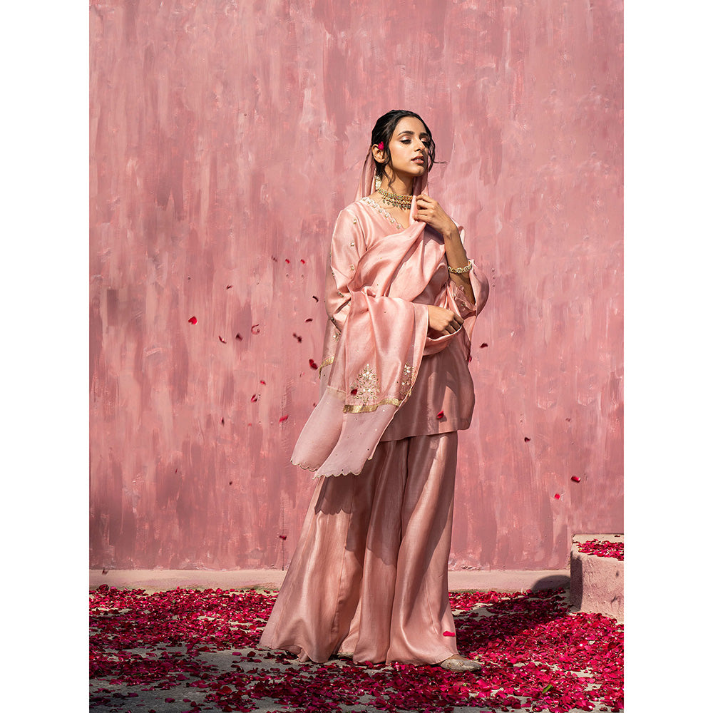 WeaverStory Pink Handloom Chanderi Silk Gota Patti Scalloped Sharara with Dupatta (Set of 3)