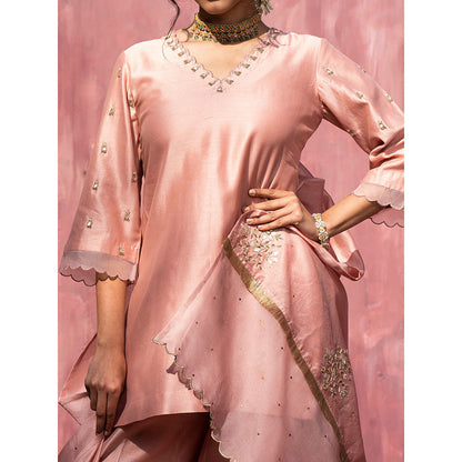 WeaverStory Pink Handloom Chanderi Silk Gota Patti Scalloped Sharara with Dupatta (Set of 3)