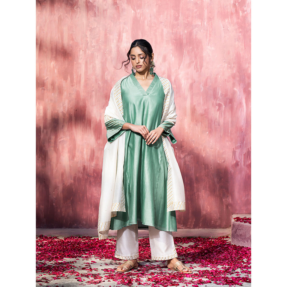 WeaverStory Handloom Blue Chanderi Silk Gota Suit with Off White Pants and Dupatta (Set of 3)