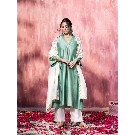 WeaverStory Handloom Blue Chanderi Silk Gota Suit with Off White Pants and Dupatta (Set of 3)