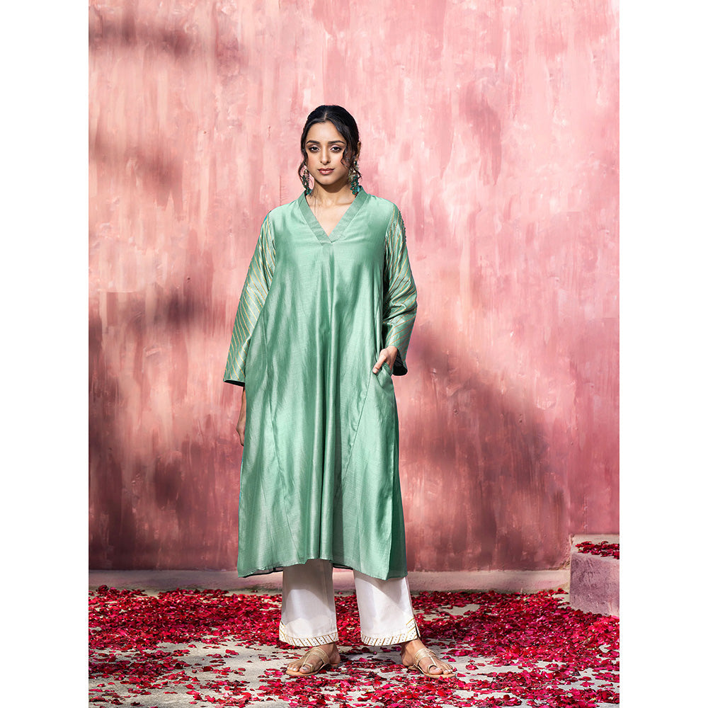 WeaverStory Handloom Blue Chanderi Silk Gota Suit with Off White Pants and Dupatta (Set of 3)