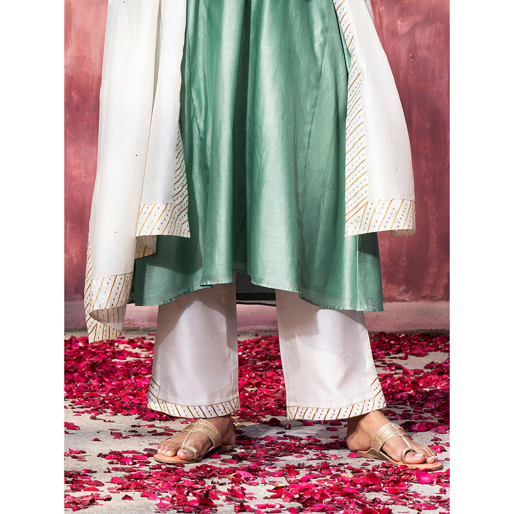 WeaverStory Handloom Blue Chanderi Silk Gota Suit with Off White Pants and Dupatta (Set of 3)