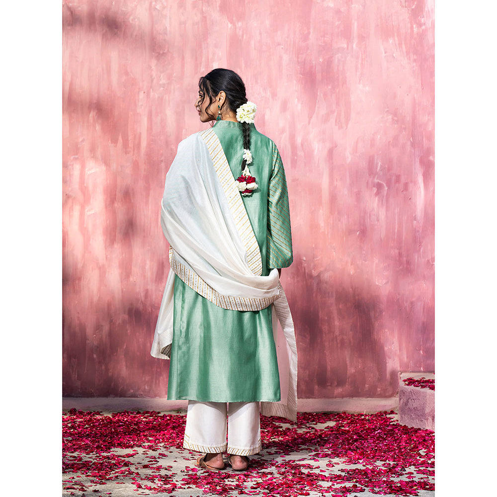 WeaverStory Handloom Blue Chanderi Silk Gota Suit with Off White Pants and Dupatta (Set of 3)