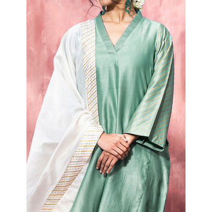 WeaverStory Handloom Blue Chanderi Silk Gota Suit with Off White Pants and Dupatta (Set of 3)