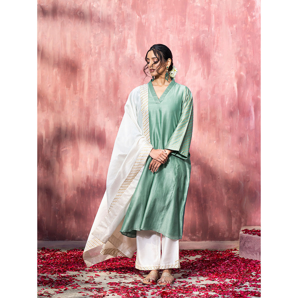 WeaverStory Handloom Blue Chanderi Silk Gota Suit with Off White Pants and Dupatta (Set of 3)