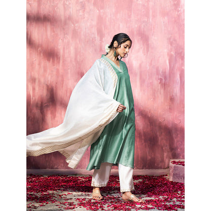 WeaverStory Handloom Blue Chanderi Silk Gota Suit with Off White Pants and Dupatta (Set of 3)