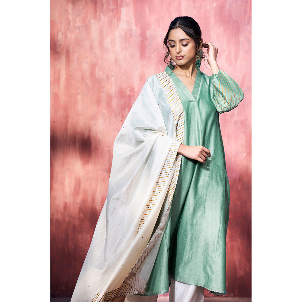 WeaverStory Handloom Blue Chanderi Silk Gota Suit with Off White Pants and Dupatta (Set of 3)