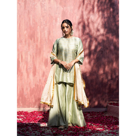 WeaverStory Pista Handloom Chanderi Silk Gota Sharara with Gold Tissue Dupatta (Set of 3)