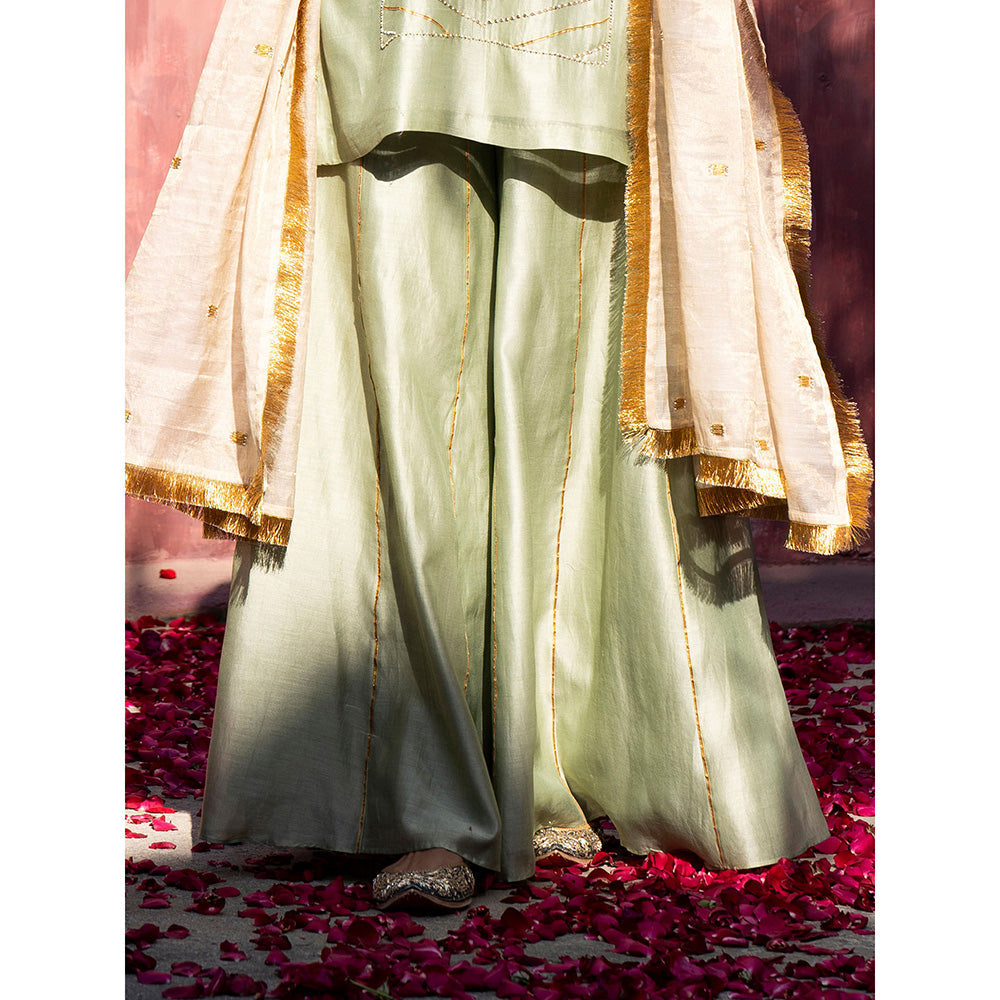 WeaverStory Pista Handloom Chanderi Silk Gota Sharara with Gold Tissue Dupatta (Set of 3)