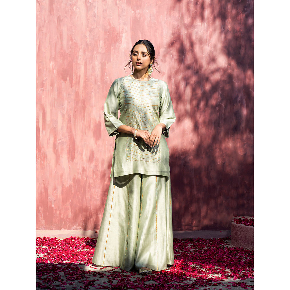 WeaverStory Pista Handloom Chanderi Silk Gota Sharara with Gold Tissue Dupatta (Set of 3)