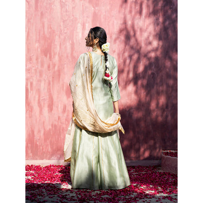 WeaverStory Pista Handloom Chanderi Silk Gota Sharara with Gold Tissue Dupatta (Set of 3)