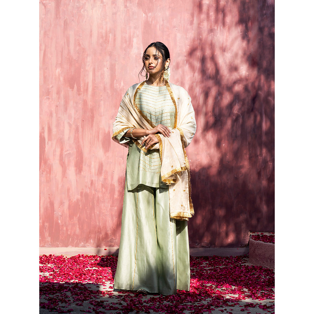 WeaverStory Pista Handloom Chanderi Silk Gota Sharara with Gold Tissue Dupatta (Set of 3)