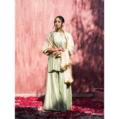 WeaverStory Pista Handloom Chanderi Silk Gota Sharara with Gold Tissue Dupatta (Set of 3)