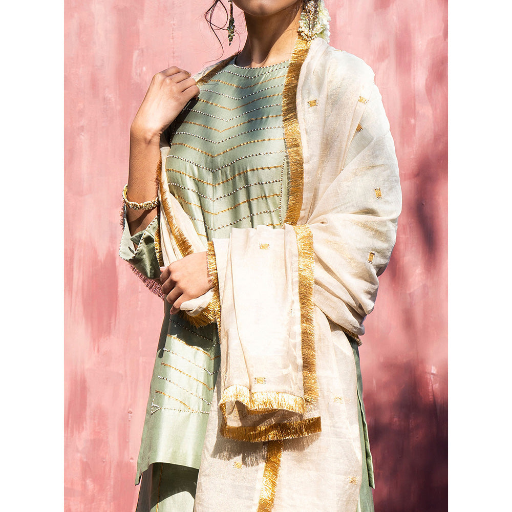 WeaverStory Pista Handloom Chanderi Silk Gota Sharara with Gold Tissue Dupatta (Set of 3)