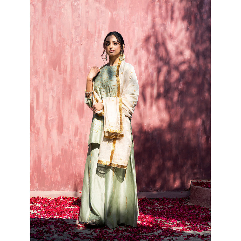 WeaverStory Pista Handloom Chanderi Silk Gota Sharara with Gold Tissue Dupatta (Set of 3)