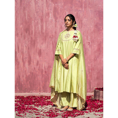 WeaverStory Handloom Lime Green Chanderi Silk Gota Suit with Pants and Dupatta (Set of 3)