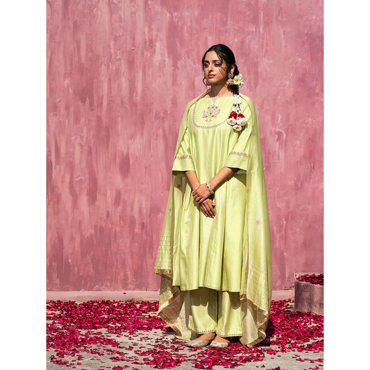 WeaverStory Handloom Lime Green Chanderi Silk Gota Suit with Pants and Dupatta (Set of 3)