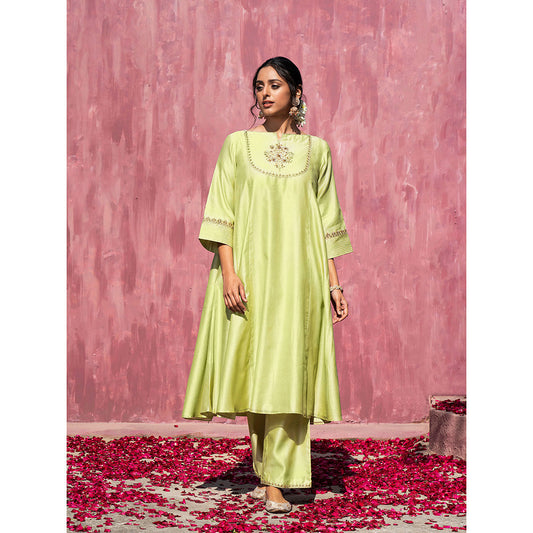 WeaverStory Handloom Lime Green Chanderi Silk Gota Suit with Pants and Dupatta (Set of 3)