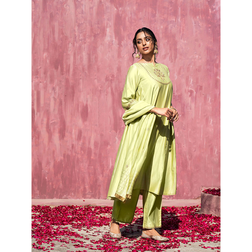 WeaverStory Handloom Lime Green Chanderi Silk Gota Suit with Pants and Dupatta (Set of 3)