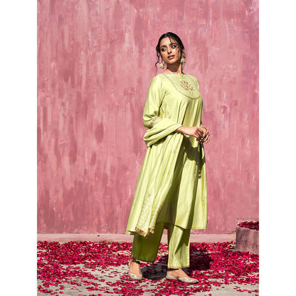 WeaverStory Handloom Lime Green Chanderi Silk Gota Suit with Pants and Dupatta (Set of 3)