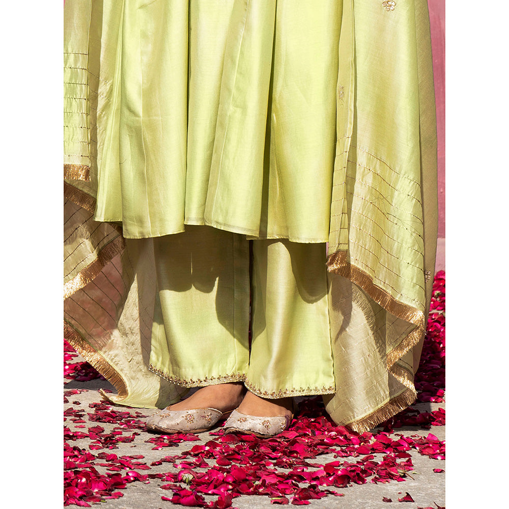 WeaverStory Handloom Lime Green Chanderi Silk Gota Suit with Pants and Dupatta (Set of 3)