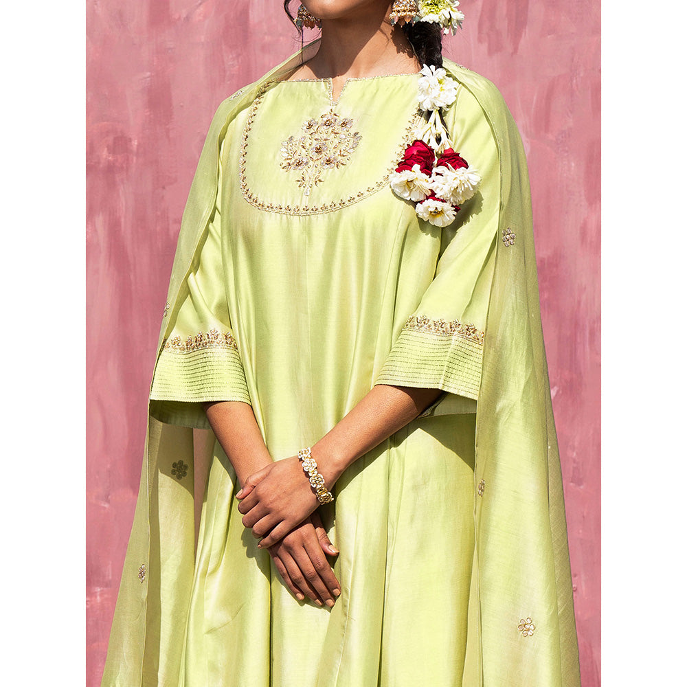 WeaverStory Handloom Lime Green Chanderi Silk Gota Suit with Pants and Dupatta (Set of 3)