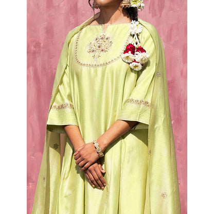 WeaverStory Handloom Lime Green Chanderi Silk Gota Suit with Pants and Dupatta (Set of 3)