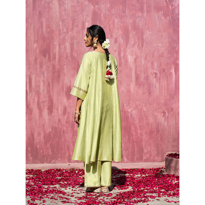 WeaverStory Handloom Lime Green Chanderi Silk Gota Suit with Pants and Dupatta (Set of 3)