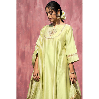 WeaverStory Handloom Lime Green Chanderi Silk Gota Suit with Pants and Dupatta (Set of 3)