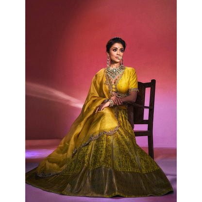 WeaverStory Yellow Pure Katan Silk Brocade Banarasi Lehenga with Choli and Dupatta (Set of 3)